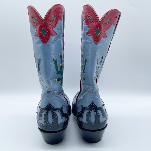 RELISTED Larry Mahan Prickly Pear Cactus Western Cowgirl Boots Blue Red Rodeo 7 - Picture 3 of 16